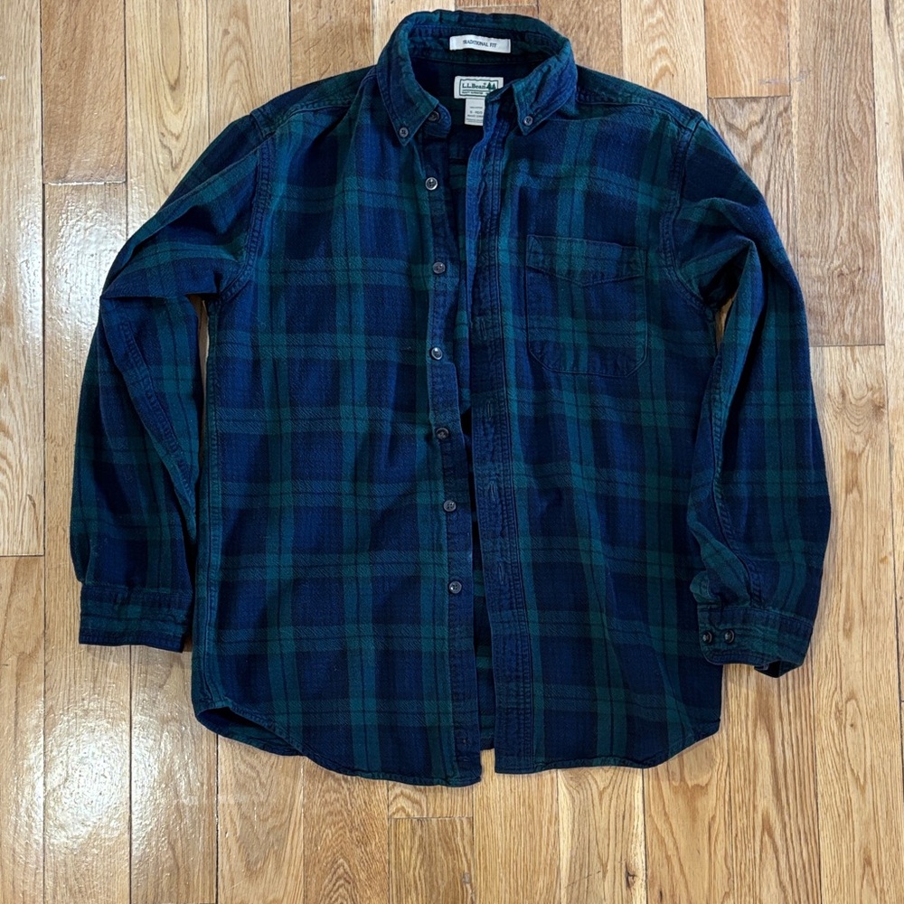 L.L. Bean Men's Navy and Forest Plaid Flannel Shirt